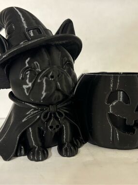 Black plastic Halloween frenchie with Witch Hat tea light holder